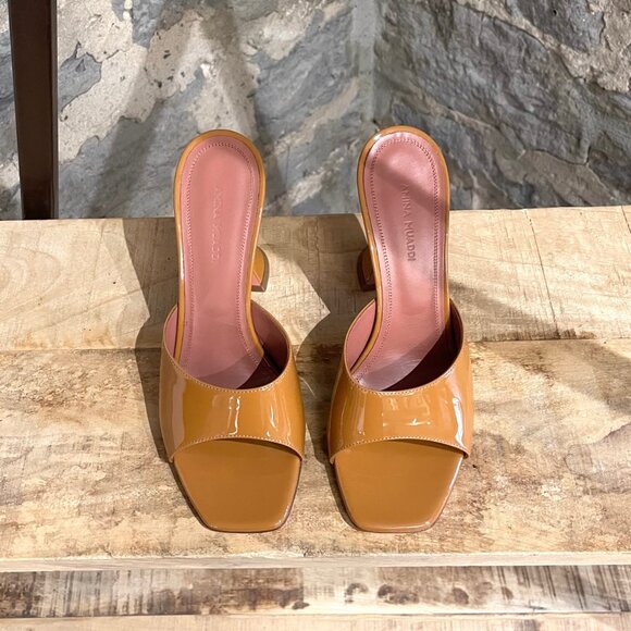 Amina Muaddi Caramel Patent Lupita Slipper Sandals - Picture 2 of 11